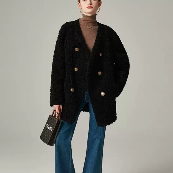 Collarless Mid-Length Textured Teddy Coat - Picture 2 of 5